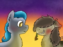 Size: 1200x900 | Tagged: safe, artist:redstreakboy, imported from derpibooru, pigpen, squeaky clean, earth pony, fly, pony, blushing, cloud, flies, flower, flower in mouth, gay, male, rose, rose in mouth, shipping, smiling, squeakypen, stars, sunset, sweat, sweatdrop