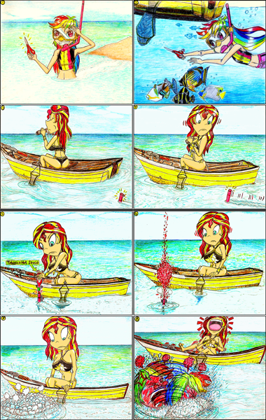 2288277 - safe, artist:armredwings, artist:bredgroup, artist:sirvalter,  bulk biceps, rainbow dash, snails, sunset shimmer, comic:eg rpg lootbattle  royal, equestria girls, g4, atreus, comic, crossover, female, god of war,  kratos, metal gear, metal gear