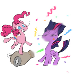 Size: 1080x1088 | Tagged: safe, artist:mamichi, imported from derpibooru, pinkie pie, twilight sparkle, twilight sparkle (alicorn), alicorn, pony, confetti, duo, motion blur, no nose, no pupils, party cannon, pixiv, smiling, twilight is not amused, twilight sparkle is not amused, unamused, varying degrees of amusement, windswept mane