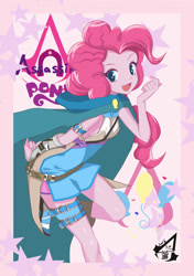 Size: 739x1052 | Tagged: safe, alternate version, artist:holo, imported from derpibooru, pinkie pie, equestria girls, assassin's creed, blushing, cloak, clothes, crossover, cute, cutie mark, diapinkes, female, leg strap, open mouth, pixiv, solo, stars