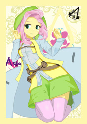 Size: 739x1052 | Tagged: safe, alternate version, artist:holo, imported from derpibooru, fluttershy, equestria girls, assassin's creed, cloak, clothes, crossover, cute, cutie mark, female, hood, pixiv, shyabetes, socks, solo, thigh highs