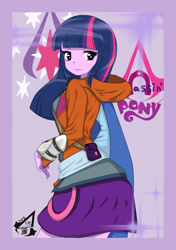 Size: 739x1052 | Tagged: safe, alternate version, artist:holo, imported from derpibooru, twilight sparkle, equestria girls, assassin's creed, clothes, crossover, cute, cutie mark, female, hood, hoodie, miniskirt, pixiv, satchel, skirt, solo, twiabetes