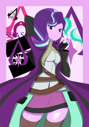 Size: 739x1052 | Tagged: safe, alternate version, artist:holo, imported from derpibooru, starlight glimmer, equestria girls, assassin's creed, clothes, crossover, cute, cutie mark, equestria girls-ified, female, fingerless gloves, glimmerbetes, gloves, looking at you, miniskirt, pixiv, pony coloring, skirt, socks, solo, thigh highs, zettai ryouiki