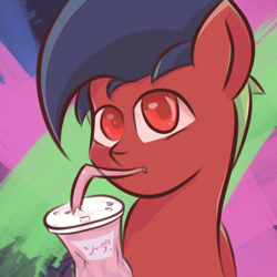 Size: 1200x1200 | Tagged: safe, artist:emerson-vzn, imported from derpibooru, oc, oc only, pegasus, pony, bust, cel shading, cup, digital art, drinking, japanese, neon, pegasus oc, portrait, shading, soda, solo, straw