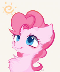 Size: 1000x1200 | Tagged: safe, artist:di youyou, artist:狄优优, imported from derpibooru, pinkie pie, earth pony, pony, blushing, bust, cheek fluff, chest fluff, cute, diapinkes, ear fluff, female, fluffy, mare, pixiv, portrait, signature, solo, sun, tan background