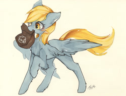 Size: 1200x914 | Tagged: safe, artist:di youyou, artist:狄优优, imported from derpibooru, derpy hooves, pegasus, pony, bag, blushing, chest fluff, cute, derp, derpabetes, ear fluff, female, leg fluff, mare, mouth hold, paper bag, pixiv, raised hoof, simple background, solo, traditional art, watercolor painting, white background, yellow background