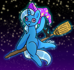 Size: 678x639 | Tagged: safe, artist:lionfishdoodles69, imported from derpibooru, trixie, cat, pony, unicorn, broom, female, flying, flying broomstick, hat, stars, ych example, your character here