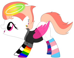 Size: 3213x2545 | Tagged: safe, artist:celestial-rue0w0, artist:lazuli, artist:mint-light, artist:rukemon, imported from derpibooru, oc, oc only, oc:pastel cloud (angel), angel pony, original species, pegasus, pony, angel, base used, blank flank, clothes, commission, ear piercing, earring, eyebrow piercing, halo, hoodie, jewelry, mismatched socks, nonbinary, piercing, pride, rainbow socks, simple background, socks, solo, striped socks, tongue piercing, transparent background