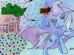 Size: 900x677 | Tagged: safe, artist:theelementofmagic, imported from derpibooru, trixie, pony, female, house, moon, night, shooting star, solo, starry sky, traditional art, tree