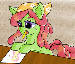 Size: 1976x1688 | Tagged: safe, artist:rainbowtashie, imported from derpibooru, tree hugger, pony, drawing, female, implied fluttershy, mouth hold, newbie artist training grounds, paper, pencil, simple background, solo