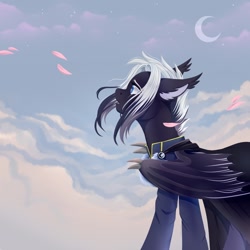 Size: 1280x1280 | Tagged: safe, artist:djkaskan, imported from derpibooru, oc, oc only, bat pony, pony, bat pony oc, bat wings, beautiful, clothes, cloud, crescent moon, looking up, moon, sad, sky, transparent moon