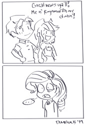 Size: 640x943 | Tagged: safe, artist:dimbulb, imported from derpibooru, applejack, ragamuffin (equestria girls), rarity, equestria girls, equestria girls series, spring breakdown, spoiler:eqg series (season 2), ..., blonde, d:, female, hat, lineart, male, monochrome, open mouth, ragajack, ragamuffin (g4), shipping, straight, surprised, wide eyes