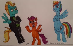 Size: 1939x1231 | Tagged: safe, artist:rapidsnap, imported from derpibooru, lightning dust, rainbow dash, scootaloo, pony, the washouts (episode), clothes, traditional art, uniform, washouts uniform