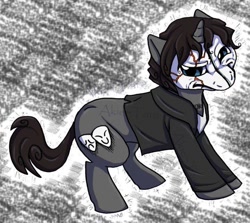 Size: 720x642 | Tagged: safe, artist:akie-tara, imported from derpibooru, oc, oc only, pony, unicorn, clothes, da kurlzz, hollywood undead, hoodie, looking at you, male, mask, ponified, raised hoof, rapper, solo, stallion