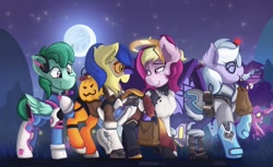 Size: 1142x700 | Tagged: safe, artist:saxopi, imported from derpibooru, oc, oc only, oc:aurora nova, oc:glitter jewel, oc:melody star, oc:wineberry, earth pony, pegasus, pony, clothes, cosplay, costume, d.va, mei, mercy, mouth hold, overwatch, tracer