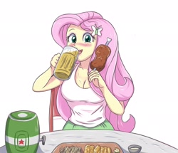 Size: 2055x1771 | Tagged: safe, artist:sumin6301, edit, imported from derpibooru, fluttershy, human, equestria girls, alcohol, beer, blushing, breasts, busty fluttershy, cleavage, drinking, eating, female, food, heineken, looking at you, meat, solo, table, tray