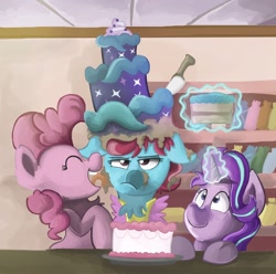 Size: 898x890 | Tagged: safe, artist:saxopi, imported from derpibooru, cup cake, pinkie pie, starlight glimmer, no second prances, cake, floppy ears, food, licking, scene interpretation, tongue out, unamused