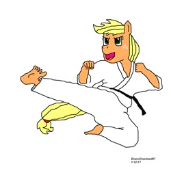 Size: 1280x1280 | Tagged: safe, artist:dracocharizard87, imported from derpibooru, applejack, anthro, black belt, clothes, feet, gi, hatless, karate, kick, martial arts, missing accessory, pants, robe, trousers