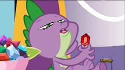 Size: 1366x768 | Tagged: safe, imported from derpibooru, screencap, spike, dragon, princess spike (episode), bowl of gems, discovery family logo, gem, leaning back, male, open mouth, relaxing, ruby, sitting, solo, that face