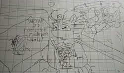 Size: 5012x2992 | Tagged: safe, artist:徐詩珮, imported from derpibooru, fizzlepop berrytwist, glitter drops, spring rain, tempest shadow, pony, unicorn, bed, book, broken horn, eye scar, female, glittershadow, horn, lesbian, lineart, mare, onomatopoeia, phone, polyamory, scar, shipping, sleeping, sound effects, springdrops, springshadow, springshadowdrops, traditional art, zzz