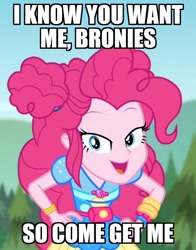 Size: 628x800 | Tagged: safe, edit, imported from derpibooru, pinkie pie, accountibilibuddies, equestria girls, equestria girls series, spoiler:choose your own ending (season 2), spoiler:eqg series (season 2), bronybait, geode of sugar bombs, impact font, looking at you, magical geodes, seductive, she knows, text edit