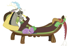 Size: 579x373 | Tagged: artist needed, safe, artist:doctor-g, editor:undeadponysoldier, imported from derpibooru, discord, spike, draconequus, dragon, baby, baby dragon, bed, cute, daaaaaaaaaaaw, discute, duo, duo male, eyes closed, lying down, male, on back, open mouth, simple background, sleeping, smiling, spikabetes, spikelove, white background