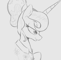 Size: 725x708 | Tagged: safe, artist:tre, imported from derpibooru, princess luna, alicorn, pony, alternate hairstyle, bust, clothes, female, grayscale, horn, lidded eyes, mare, monochrome, portrait, profile, shirt, solo