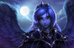 Size: 1000x647 | Tagged: safe, artist:imdrunkontea, imported from derpibooru, princess luna, human, equestria girls, armor, beautiful, bust, clothes, cloud, crown, female, full moon, jewelry, large wings, moon, regal, regalia, solo, warrior luna, winged humanization, wings