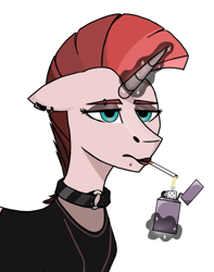 Size: 877x1113 | Tagged: safe, artist:justgrunberg, imported from derpibooru, oc, oc:fragile string (scarlet rebel), oc:scarlet rebel, pony, unicorn, bored, cigarette, collar, female, lighter, lipstick, magic, mare, mohawk, punk