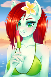 Size: 1407x2104 | Tagged: safe, artist:pinklemon23, artist:winnigrette, derpibooru exclusive, imported from derpibooru, oc, oc only, anthro, absolute cleavage, anthro oc, beach, bikini, blushing, breasts, cleavage, clothes, colored pupils, digital art, eye clipping through hair, female, flower, flower in hair, food, hair over one eye, looking at you, mare, popsicle, smiling, summer, sunset, swimsuit, water