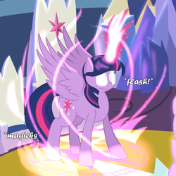 Size: 1000x1000 | Tagged: safe, alternate version, artist:phoenixswift, imported from derpibooru, twilight sparkle, alicorn, pony, female, friendship throne, glowing eyes, glowing horn, horn, magic, magic circle, solo, twilight sparkle (alicorn)