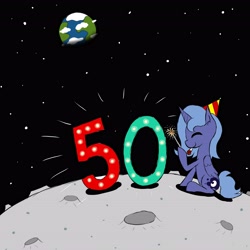 Size: 4096x4096 | Tagged: safe, artist:waffletheheadmare, imported from derpibooru, princess luna, alicorn, pony, apollo 11, cloud, cold sparklers, cutie mark, earth, eyes closed, glow, glowing, hat, horn, moon, moon landing anniversary, numbers, one hoof raised, party hat, raised hoof, s1 luna, sitting, smiling, space, stars, text, wings