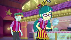 Size: 1920x1080 | Tagged: safe, imported from derpibooru, screencap, brim marco, juniper montage, equestria girls, mirror magic, spoiler:eqg specials, clothes, female, glasses, male, mirror, pants