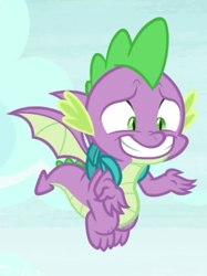 Size: 370x494 | Tagged: safe, imported from derpibooru, screencap, spike, dragon, dragon dropped, awkward smile, backpack, claws, cropped, flying, male, reaction image, shrug, smiling, solo, toes, winged spike, wings