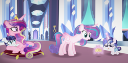 Size: 3776x1864 | Tagged: safe, artist:alizeethepony2008, imported from derpibooru, princess cadance, princess flurry heart, oc, alicorn, pony, baby, baby pony, crown, jewelry, magic, offspring, older, parent:princess cadance, parent:shining armor, parents:shiningcadance, prone, regalia