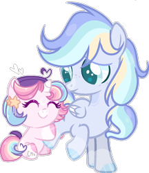 Size: 866x1001 | Tagged: dead source, safe, artist:moon-rose-rosie, artist:rainbows-skies, artist:thesmall-artist, imported from derpibooru, oc, oc:astral breeze, oc:celestial moon, pegasus, pony, unicorn, baby, baby pony, base used, collaboration, colt, female, foal, freckles, hug, male, smiling