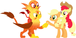 Size: 3586x1826 | Tagged: safe, artist:porygon2z, imported from derpibooru, apple bloom, applejack, oc, oc:blaze, oc:heatwave, earth pony, griffon, pony, accessory swap, apple bloom riding applejack, brothers, female, fist bump, griffons riding griffons, hoofbump, male, ponies riding ponies, riding, siblings, simple background, sisters, transparent background