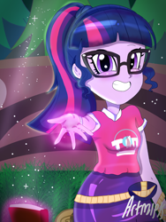 Size: 1800x2400 | Tagged: safe, artist:artmlpk, imported from derpibooru, sci-twi, twilight sparkle, equestria girls, equestria girls series, spoiler:eqg series (season 2), adorable face, blushing, cute, fanart, female, festival, glasses, glowing hands, magic, ponytail, smiling, solo, telekinesis, twiabetes