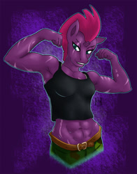 Size: 1200x1527 | Tagged: safe, artist:hellbeholder, imported from derpibooru, fizzlepop berrytwist, tempest shadow, anthro, unicorn, abs, amazon, armpits, belt, biceps, body scar, broken horn, camouflage, clothes, eye scar, female, flexing, horn, midriff, military, muscles, muscular female, scar, short shirt, solo, tanktop, temple shadow
