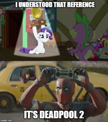 Size: 500x562 | Tagged: safe, edit, edited screencap, imported from derpibooru, screencap, rarity, spike, dragon, pony, unicorn, dragon dropped, deadpool, deadpool 2, female, i understood that reference, male, mare, meme, op is wrong, say anything, text, winged spike, wings