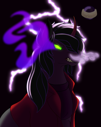 Size: 2500x3125 | Tagged: safe, artist:glowpearlescent, artist:pearlescent, imported from derpibooru, king sombra, pony, umbrum, unicorn, au?, clothes, dark, jacket, leather jacket, lightning, male, smoke, solo, sombra eyes