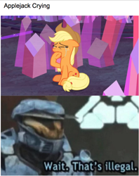 Size: 552x698 | Tagged: safe, edit, edited screencap, imported from derpibooru, screencap, applejack, earth pony, pony, hearthbreakers, applejack cries on the inside, applejack's hat, cowboy hat, crying, crying on the outside, crystal, female, halo, hat, leonard church, mare, meme, red vs blue, wait that's illegal