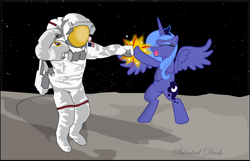 Size: 1138x734 | Tagged: safe, artist:selecteddash, imported from derpibooru, princess luna, alicorn, human, pony, apollo 11, astronaut, duo, fist bump, hoofbump, luna and the nauts, moon, neil armstrong, s1 luna, signature, spacesuit