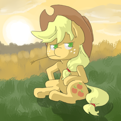 Size: 700x700 | Tagged: safe, artist:shrimpshogun, derpibooru exclusive, imported from derpibooru, applejack, earth pony, pony, cloud, female, freckles, hat, looking at you, sitting, solo, straw in mouth, sun