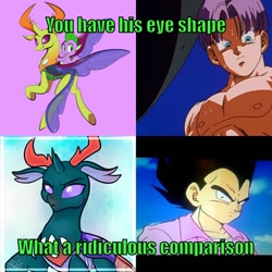 Size: 710x710 | Tagged: safe, artist:fanaticpanda, artist:toxiccaves, edit, imported from derpibooru, pharynx, spike, thorax, changedling, changeling, dragon, to change a changeling, antlers, dragon ball, dragon ball z, floppy ears, flying, king thorax, looking at you, looking back, looking back at you, male, meme, prince pharynx, purple background, simple background, trunks, underhoof, vegeta