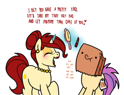 Size: 1110x850 | Tagged: safe, artist:paperbagpony, derpibooru exclusive, imported from derpibooru, oc, oc:golden brooch, oc:paper bag, pony, brush, dialogue, fake cutie mark, jewelry, levitation, lipstick, magic, magic aura, maternal instinct, necklace, paper bag, pearl necklace, red lipstick, simple background, telekinesis, white background