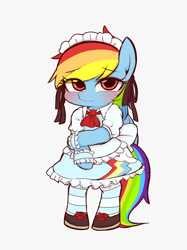 Size: 1024x1366 | Tagged: safe, artist:manachaaaaaaaa, imported from derpibooru, rainbow dash, pegasus, pony, blushing, clothes, cute, dashabetes, eye clipping through hair, female, maid, pixiv, rainbow maid, solo