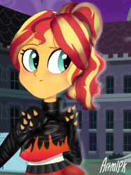 Size: 1800x2400 | Tagged: safe, alternate version, artist:artmlpk, imported from derpibooru, sunset shimmer, equestria girls, alternate hairstyle, badass, blushing, canterlot high, clothes, confused, cute, eyeshadow, fashion, female, fiery shimmer, jacket, leather jacket, leggings, makeup, night, ponytail, punk, shimmerbetes, solo, spikes