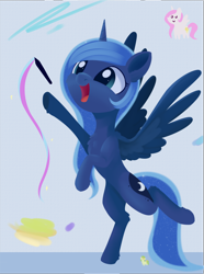 Size: 1382x1853 | Tagged: safe, artist:dusthiel, imported from derpibooru, princess celestia, princess luna, alicorn, pony, cewestia, cute, daaaaaaaaaaaw, doodle, drawing, female, filly, filly luna, happy, lunabetes, mare, open mouth, open smile, pointy ponies, smiling, spread wings, standing, standing on one leg, wings, woona, younger