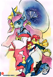 Size: 2409x3437 | Tagged: safe, artist:mashiromiku, imported from derpibooru, princess luna, alicorn, anthro, clothes, kimono (clothing), patreon, patreon logo, traditional art, watercolor painting